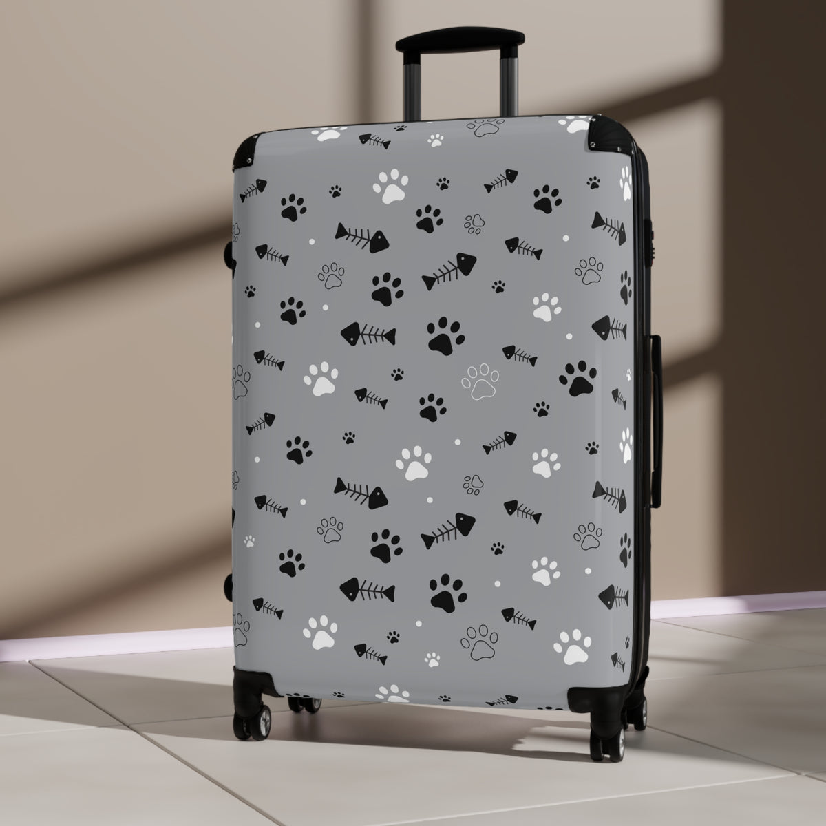 Pet Paw Print Suitcase — Grey Travel Luggage with Cat & Dog Paw Pattern