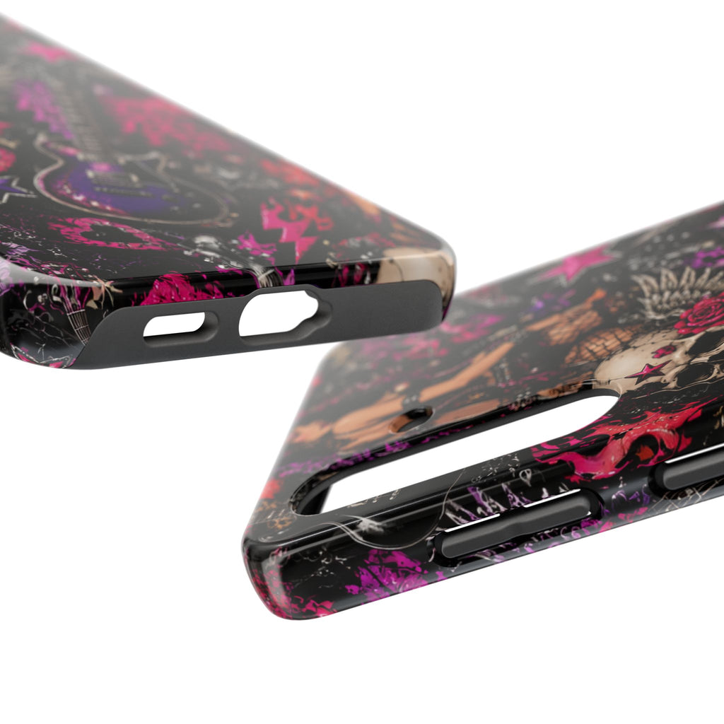 Rock Skull Guitar Phone Case — Edgy Pink Skull & Roses Tough Phone Case