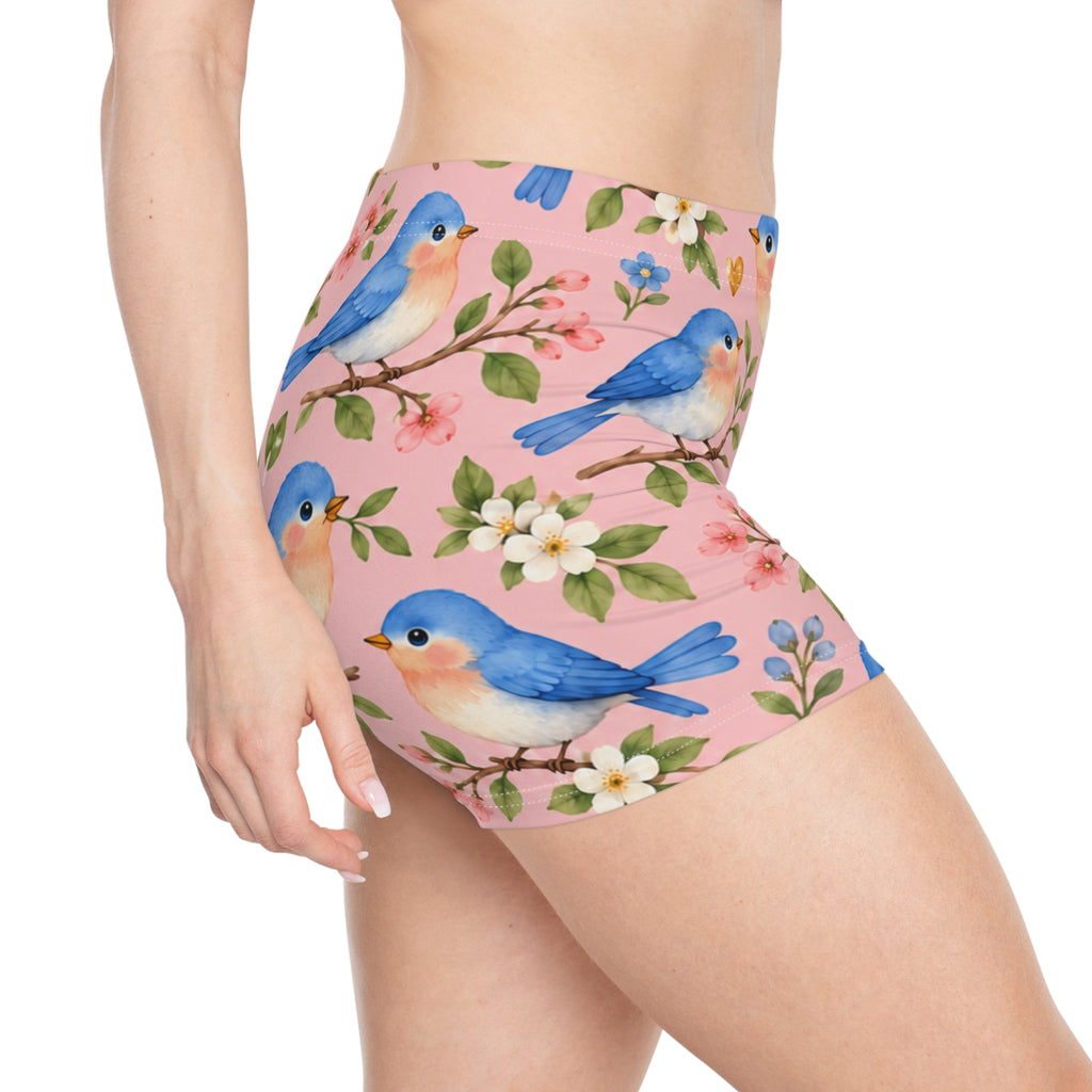 Bluebird Floral Pattern Women's Shorts | Pink Spring Bird Design