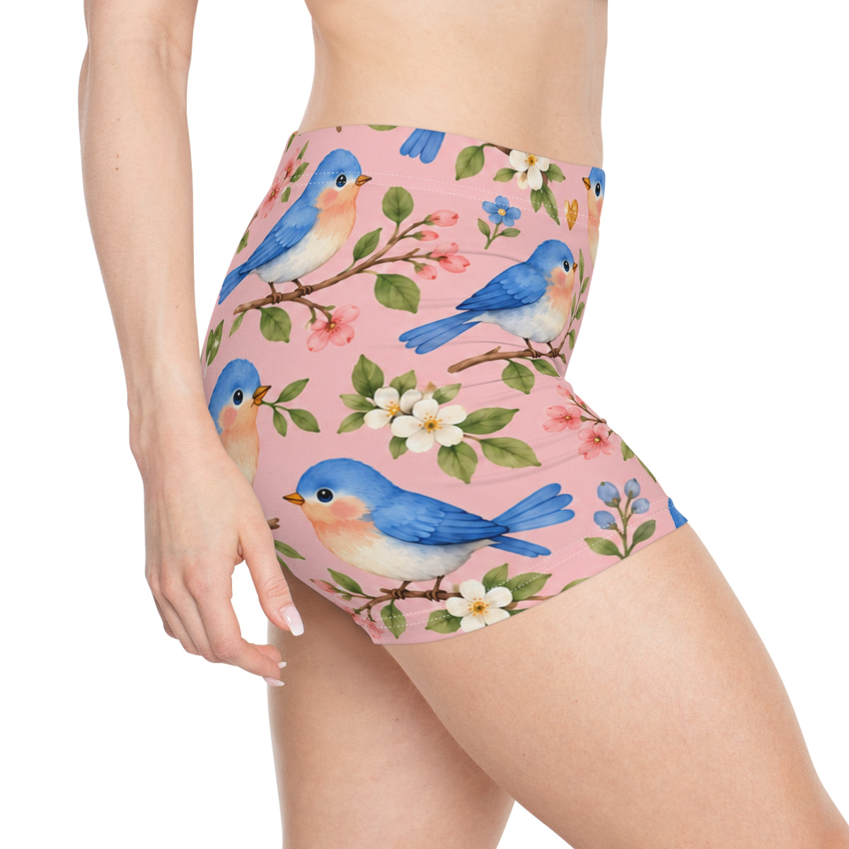 Bluebird Floral Pattern Women's Shorts | Pink Spring Bird Design