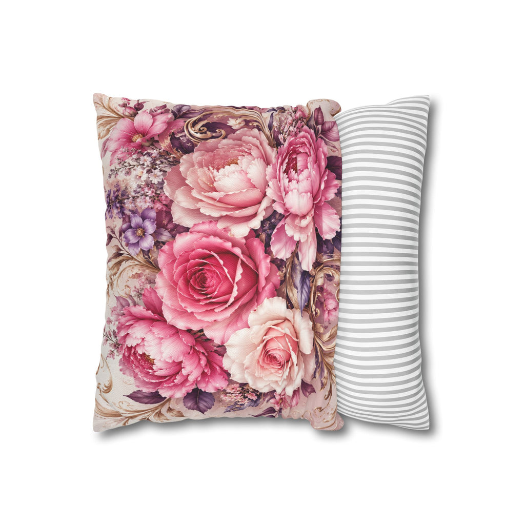 Floral Rose Pillowcase - Vintage Pink Garden Throw Pillow Cover