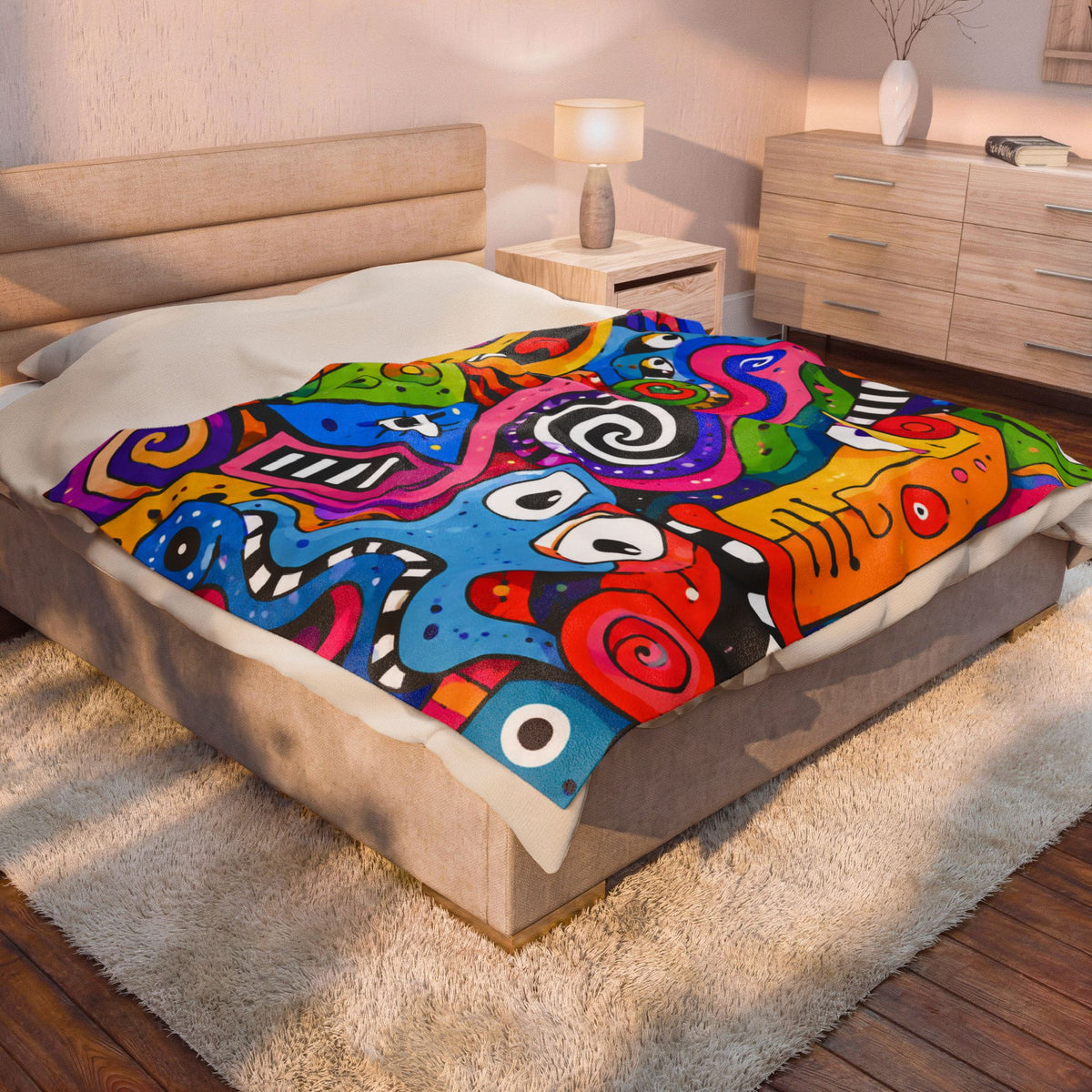 Abstract Pop Art Velveteen Plush Blanket — Colorful Psychedelic Faces Throw