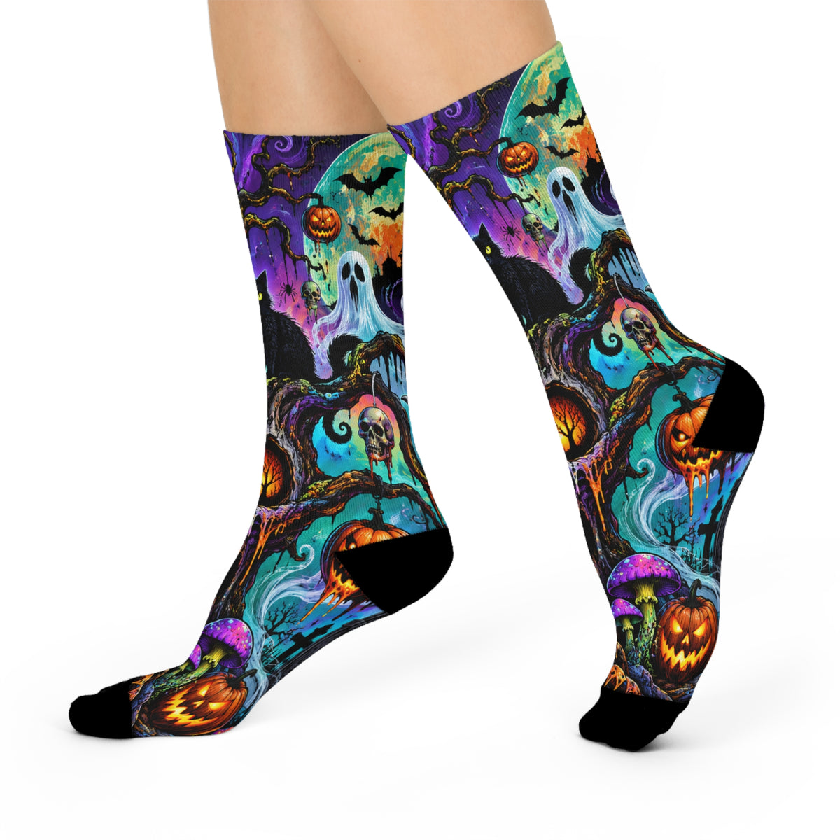Halloween Night Cushioned Crew Socks — Spooky Pumpkins, Ghosts & Black Cat