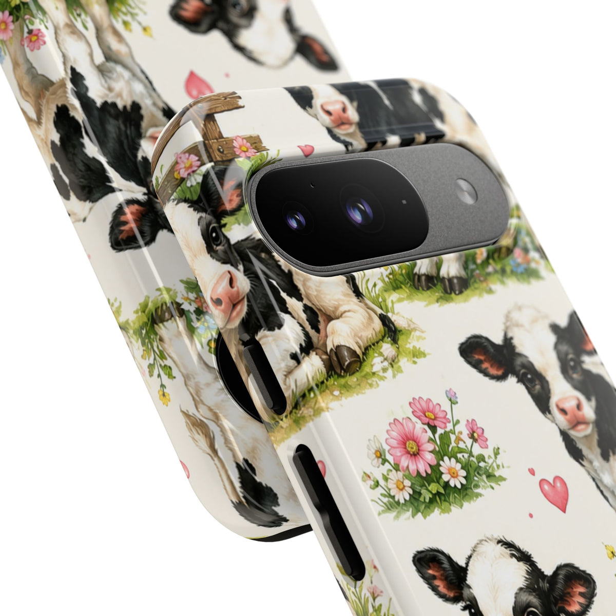 Cute Calf Pattern Phone Case – Pastel Cow Hearts & Flowers Protective Cover