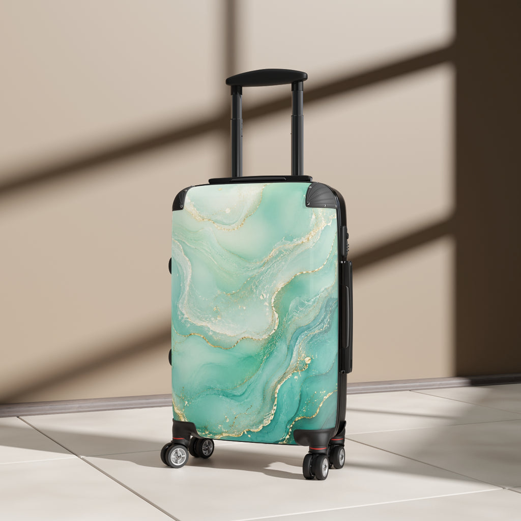 Teal Marble Carry-On Suitcase — Elegant Travel Luggage with Gold Vein Design