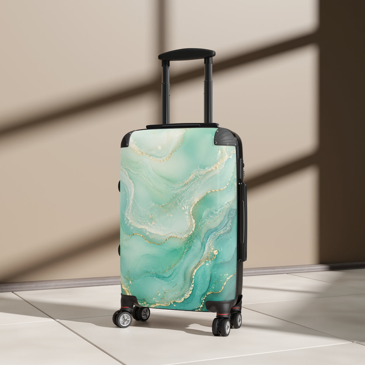 Teal Marble Carry-On Suitcase — Elegant Travel Luggage with Gold Vein Design