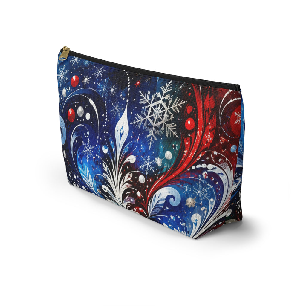 Winter Floral Accessory Pouch — Snowflake Cosmetic Bag with T-Bottom