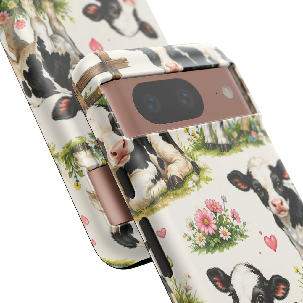 Cute Calf Pattern Phone Case – Pastel Cow Hearts & Flowers Protective Cover
