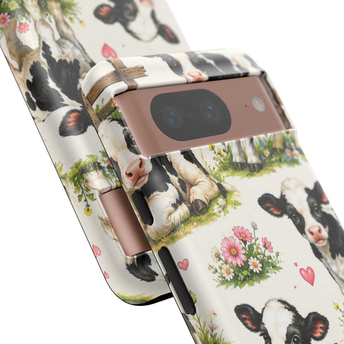 Cute Calf Pattern Phone Case – Pastel Cow Hearts & Flowers Protective Cover
