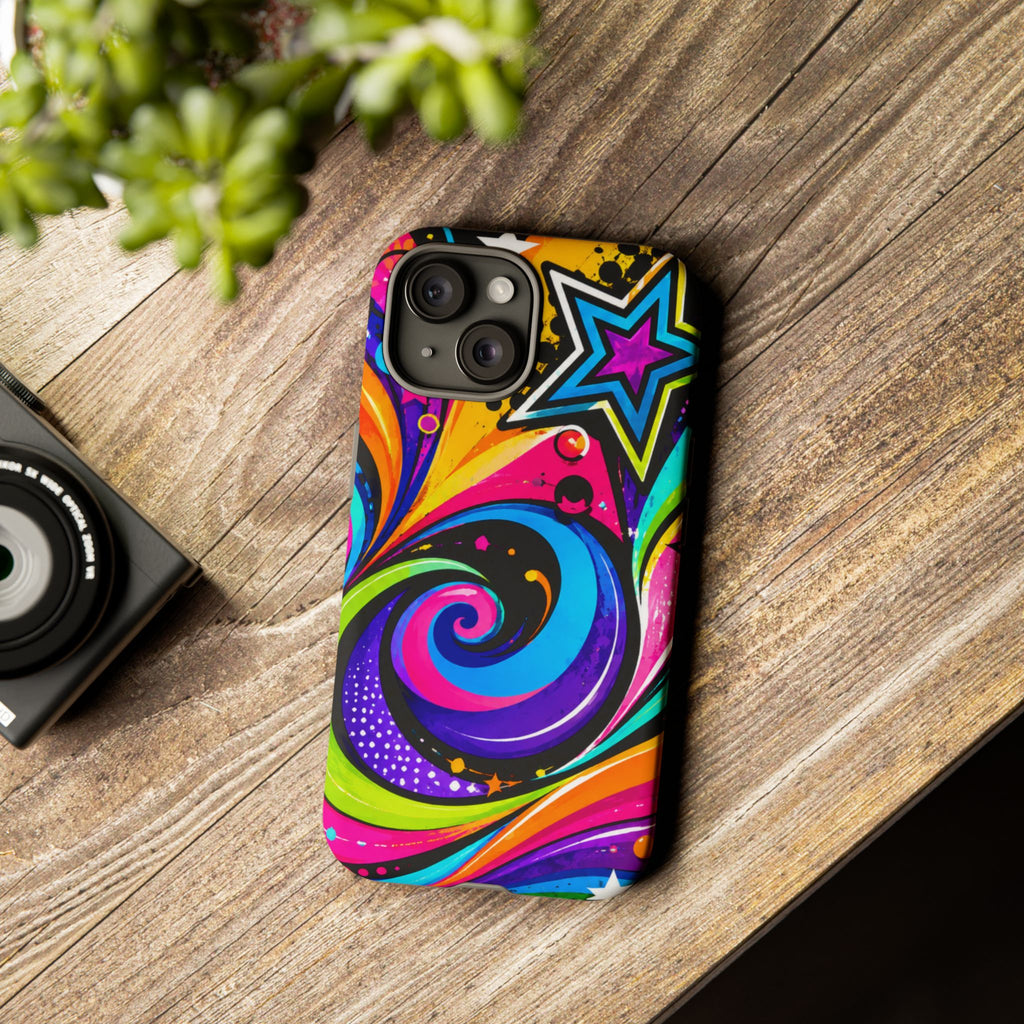 Psychedelic Swirl Phone Case — Bold Retro Stars & Neon Pop Art Tough Case