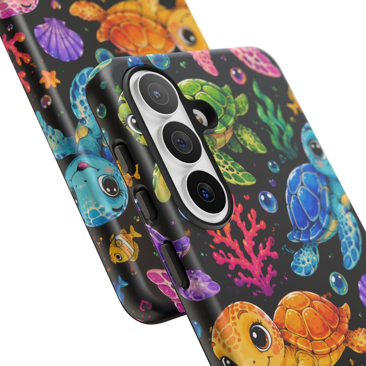 Phone Case — Colorful Cute Sea Turtles on Black (Protective Smartphone Cover)
