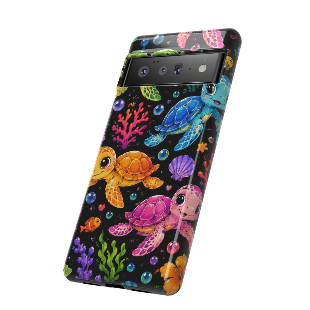 Phone Case — Colorful Cute Sea Turtles on Black (Protective Smartphone Cover)
