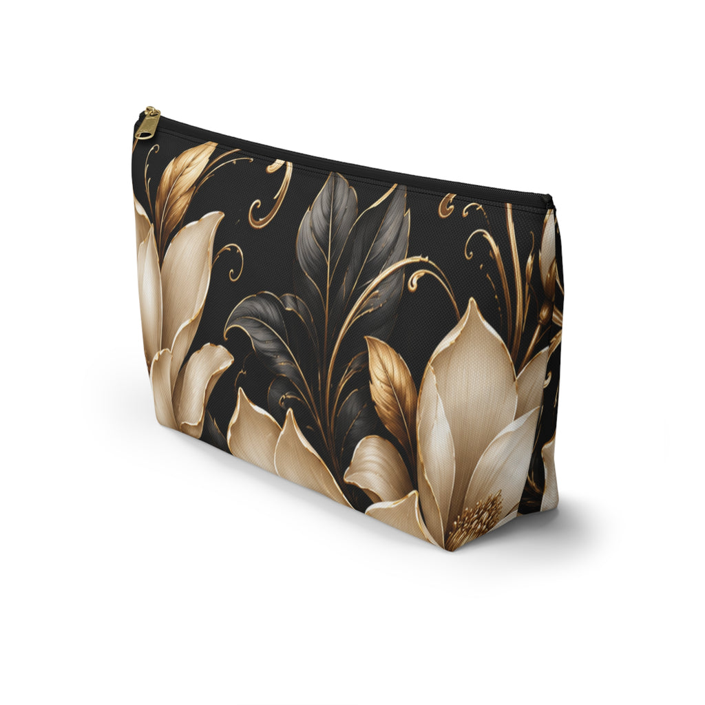 Floral Tapestry Accessory Pouch — Gold & Black Magnolia Makeup Bag