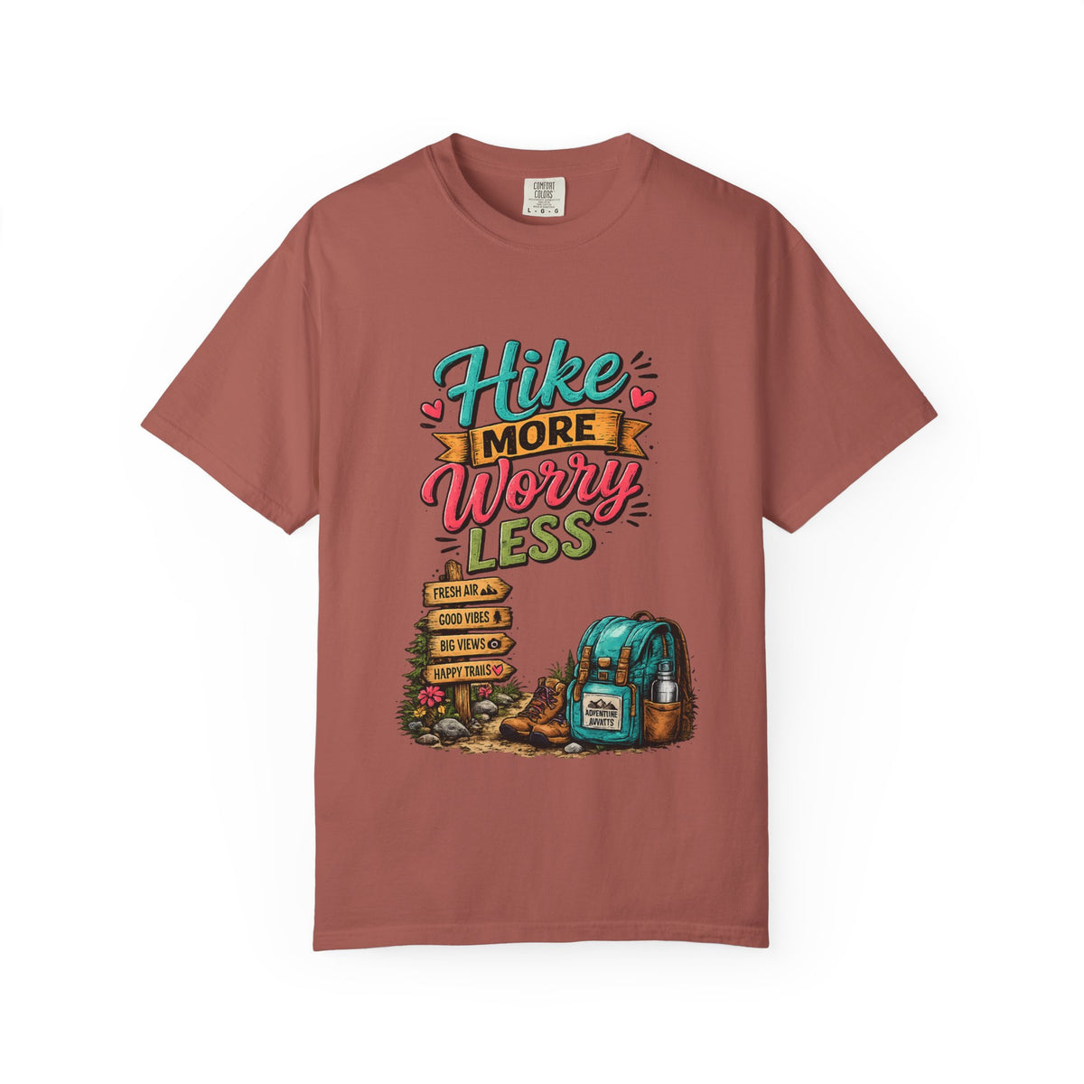 Hike More Worry Less T-Shirt | Hiking Backpack Trail Sign Tee
