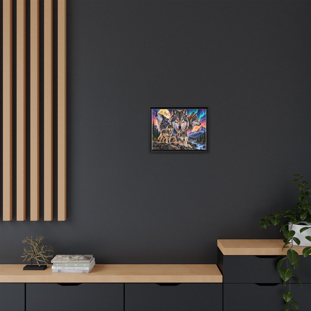 Framed Wolf Pack Matte Canvas Wall Art — Northern Lights Wilderness Scene