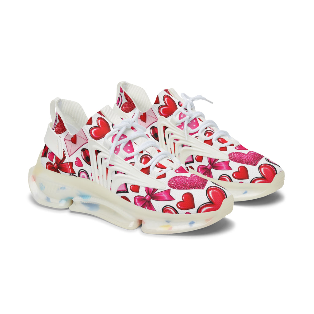 Women's Mesh Sneakers — Pink & Red Heart Pattern Athletic Shoes