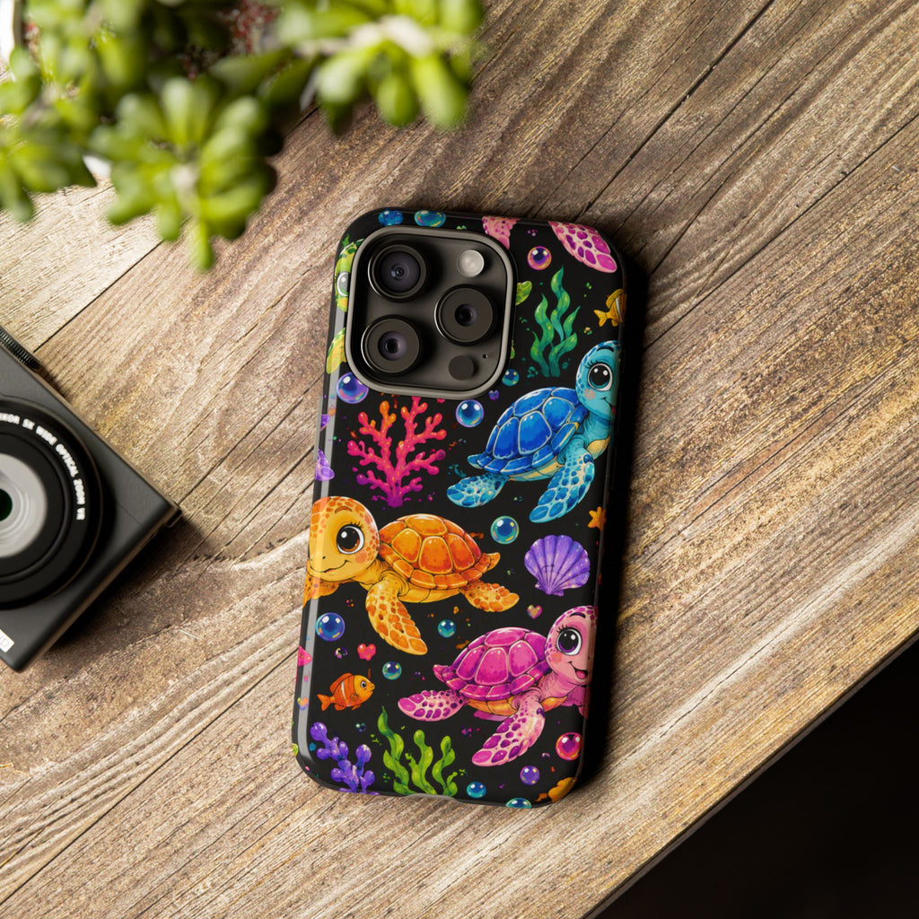 Phone Case — Colorful Cute Sea Turtles on Black (Protective Smartphone Cover)