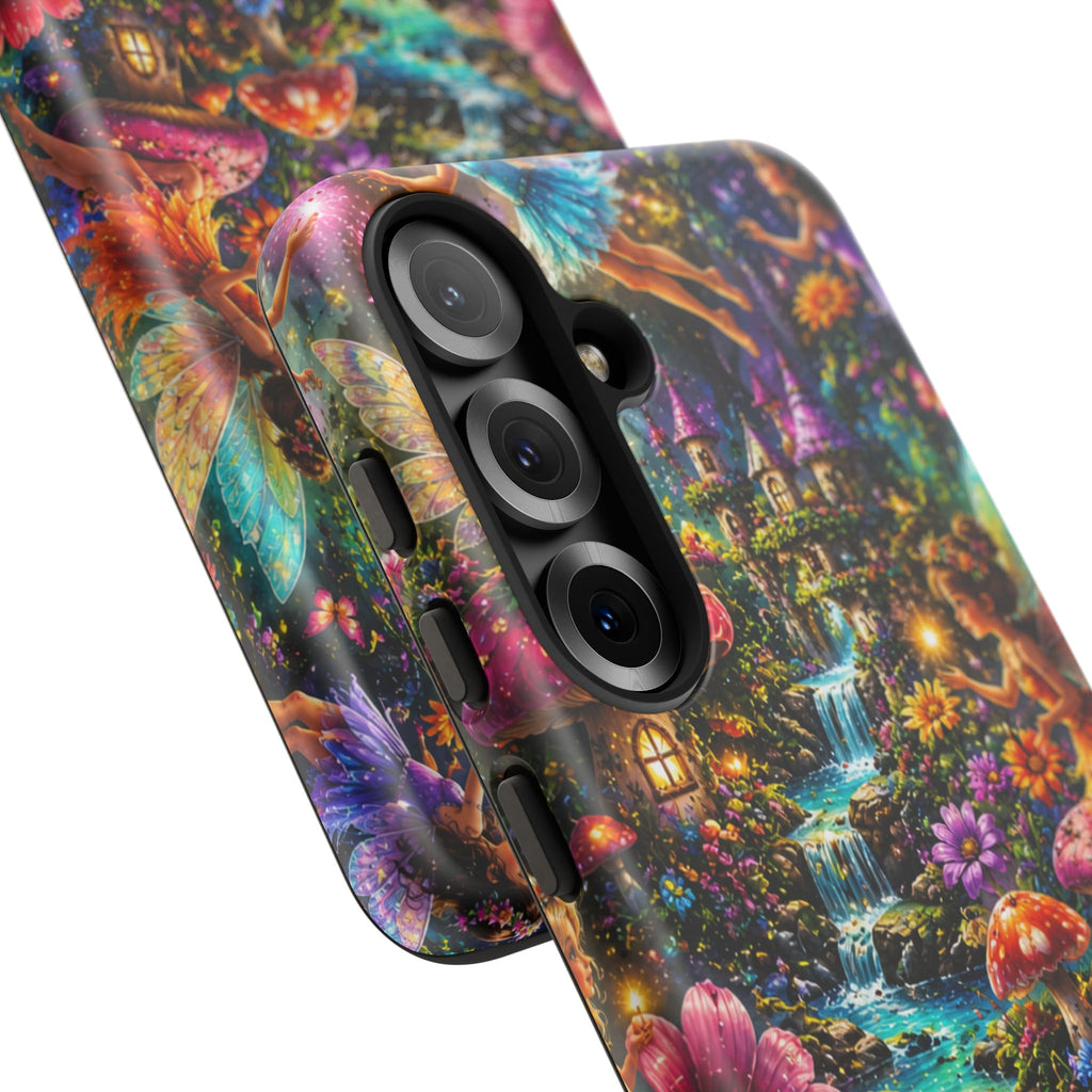 Fairy Garden Tough Phone Case — Whimsical Cottage, Waterfall & Mushroom Artwork