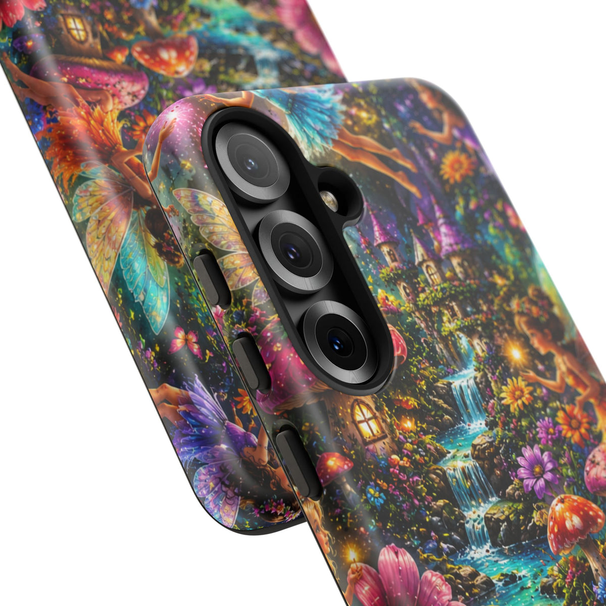 Fairy Garden Tough Phone Case — Whimsical Cottage, Waterfall & Mushroom Artwork