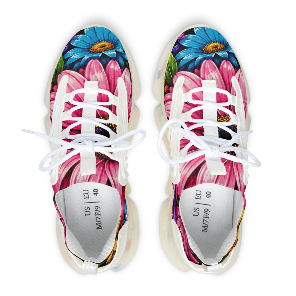 Floral Mesh Sneakers — Pink & Blue Daisy Athletic Shoes for Women