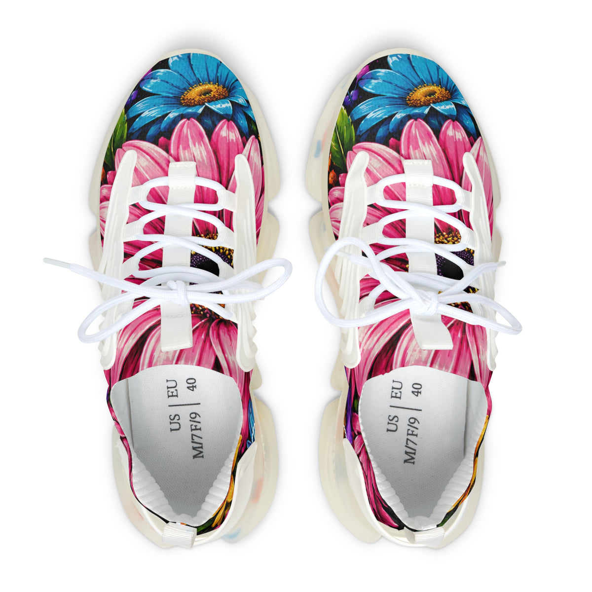 Floral Mesh Sneakers — Pink & Blue Daisy Athletic Shoes for Women