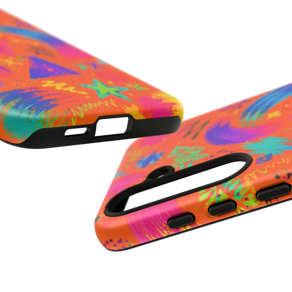 Colorful Neon Doodle Phone Case — Bright Abstract Stars & Hearts Tough Case
