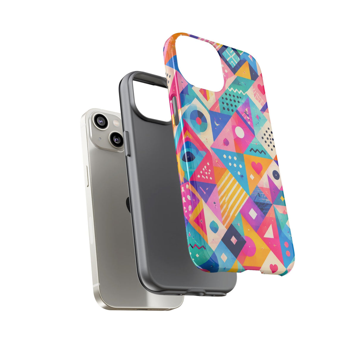 Colorful Geometric Tough Phone Case — Bright Abstract Heart & Triangle Pattern