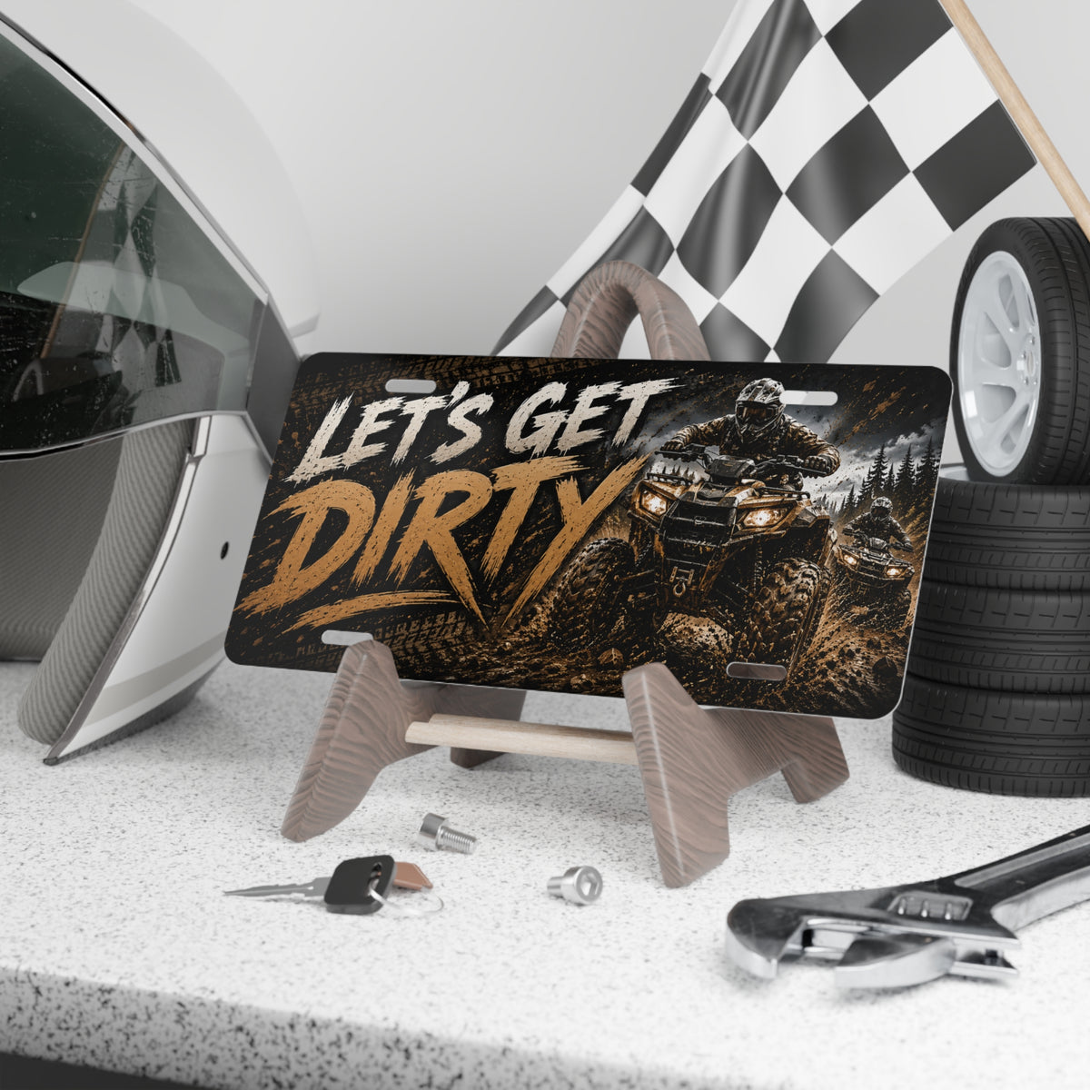 Lets Get Dirty ATV graphic Vanity Plate (Black) | Offroad Mud Rider License Tag