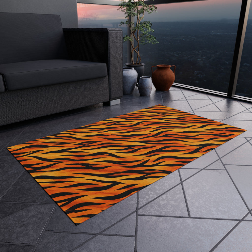 Tiger Stripe Outdoor Rug — Bold Orange Animal Print Patio Mat