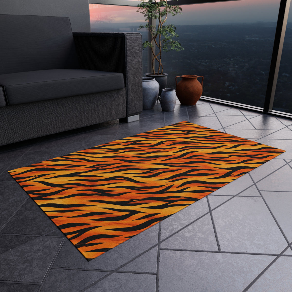 Tiger Stripe Outdoor Rug — Bold Orange Animal Print Patio Mat