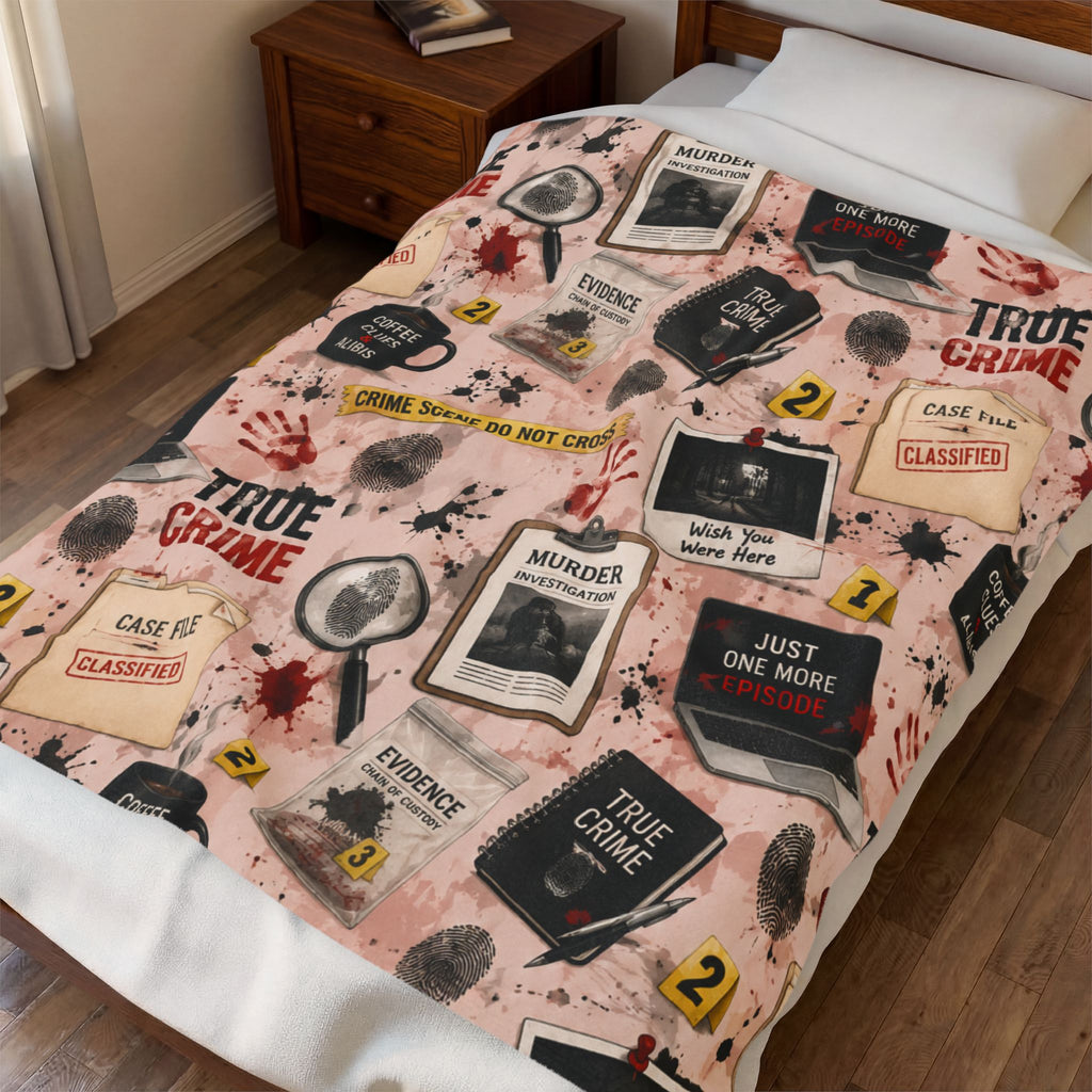 True Crime Velveteen Plush Blanket — Cozy Detective Pattern with "True Crime" Text