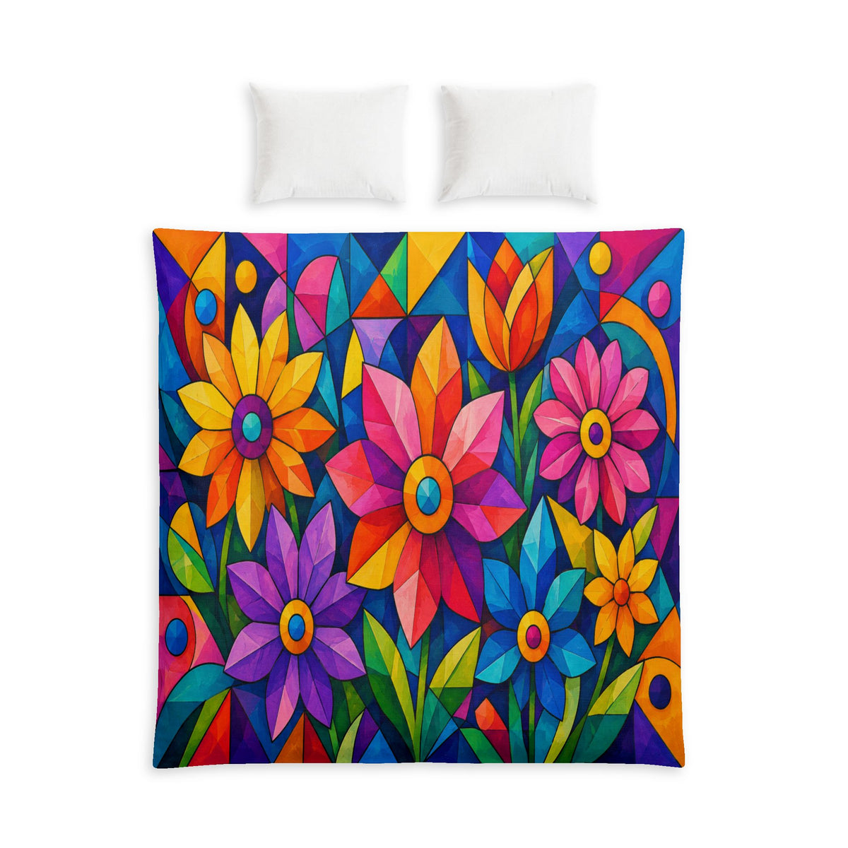 Colorful Floral Mosaic Cotton Duvet Cover | Bright Flower Bed Set