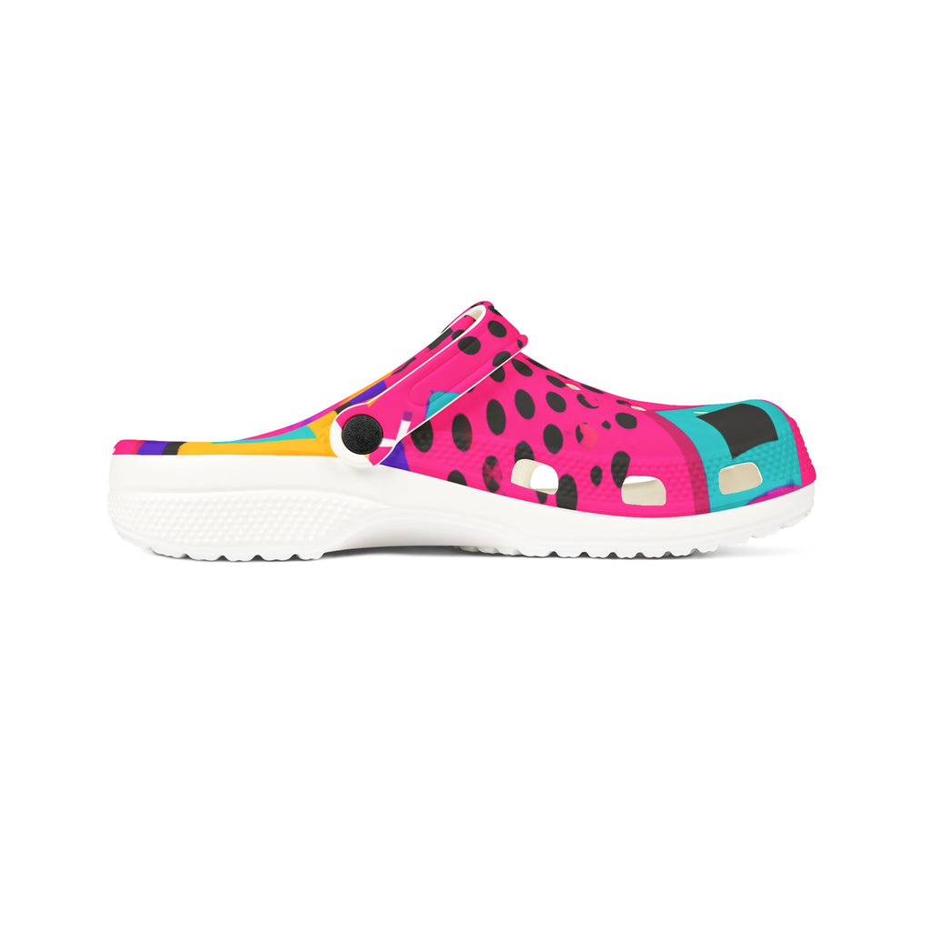 Retro Pink Pattern EVA Foam Clogs — Bold 90s Graphic Slip-On Shoes