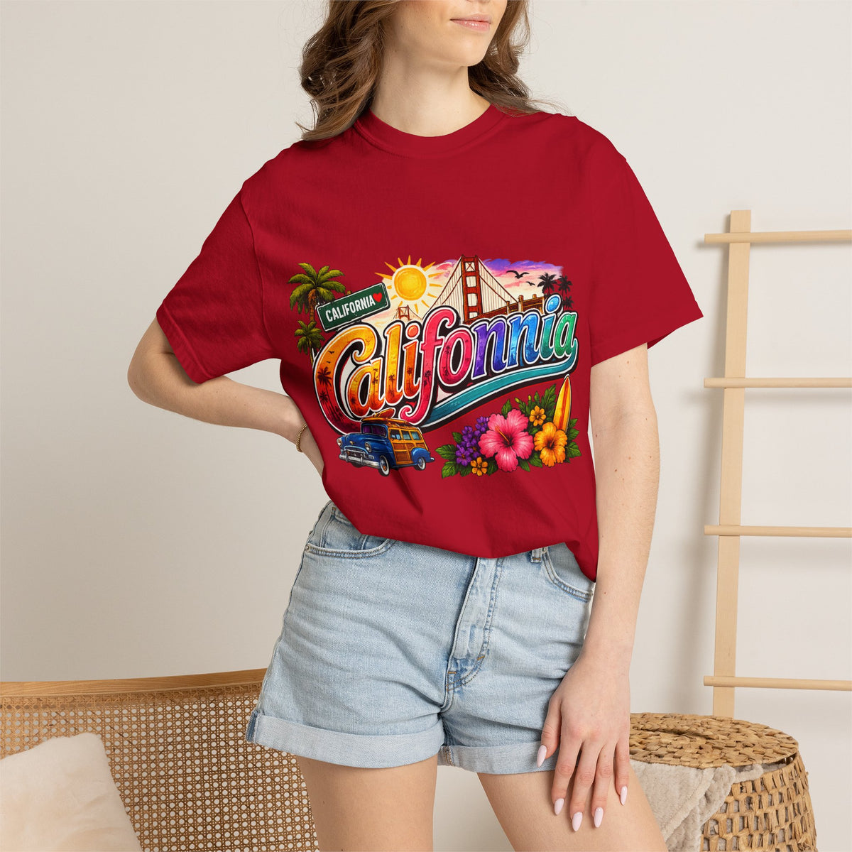 California Retro Sunset T-shirt | Golden Gate, Palm Trees & Surf