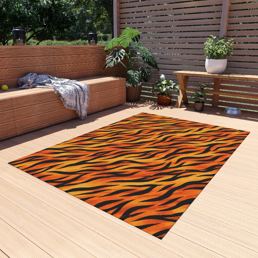 Tiger Stripe Outdoor Rug — Bold Orange Animal Print Patio Mat