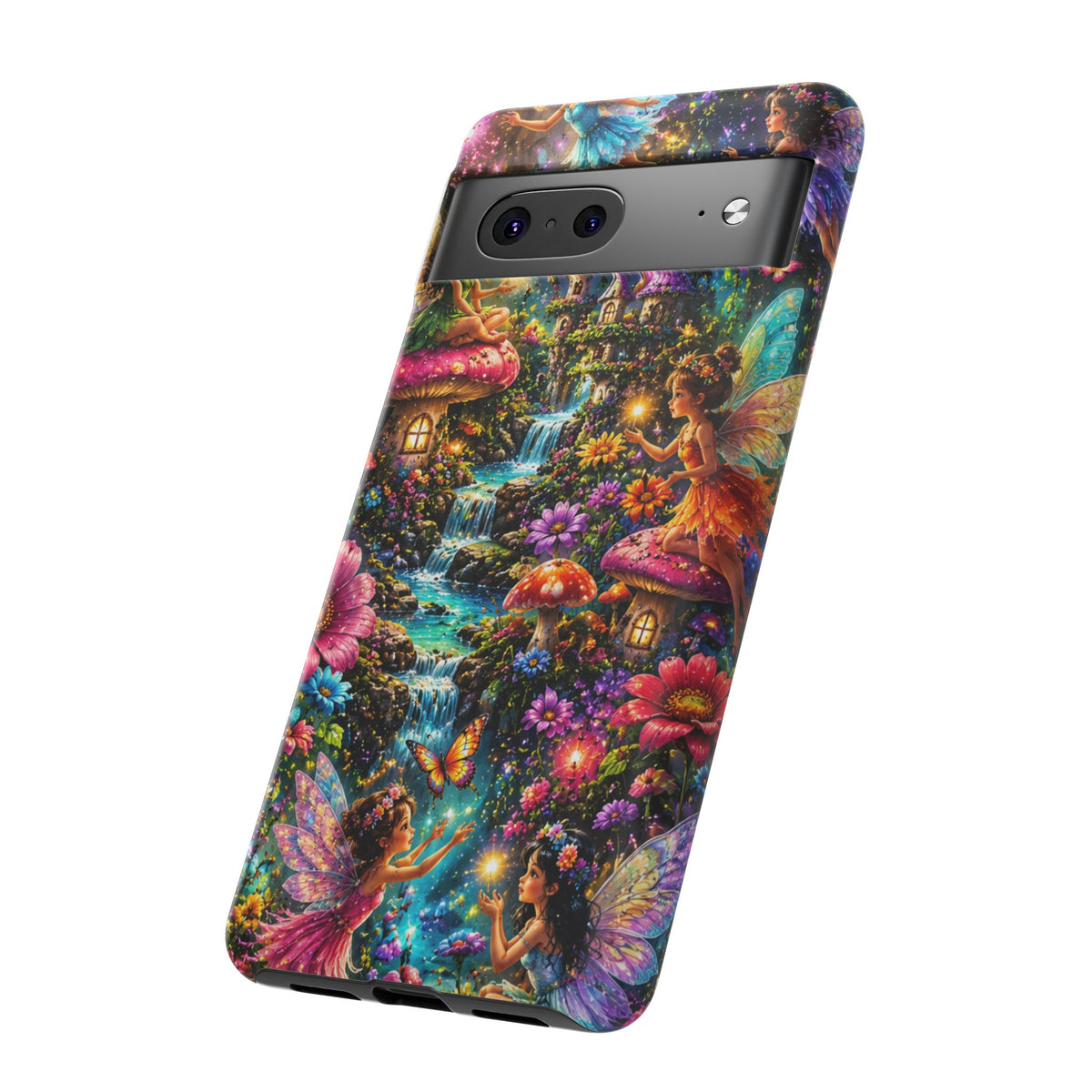 Fairy Garden Tough Phone Case — Whimsical Cottage, Waterfall & Mushroom Artwork