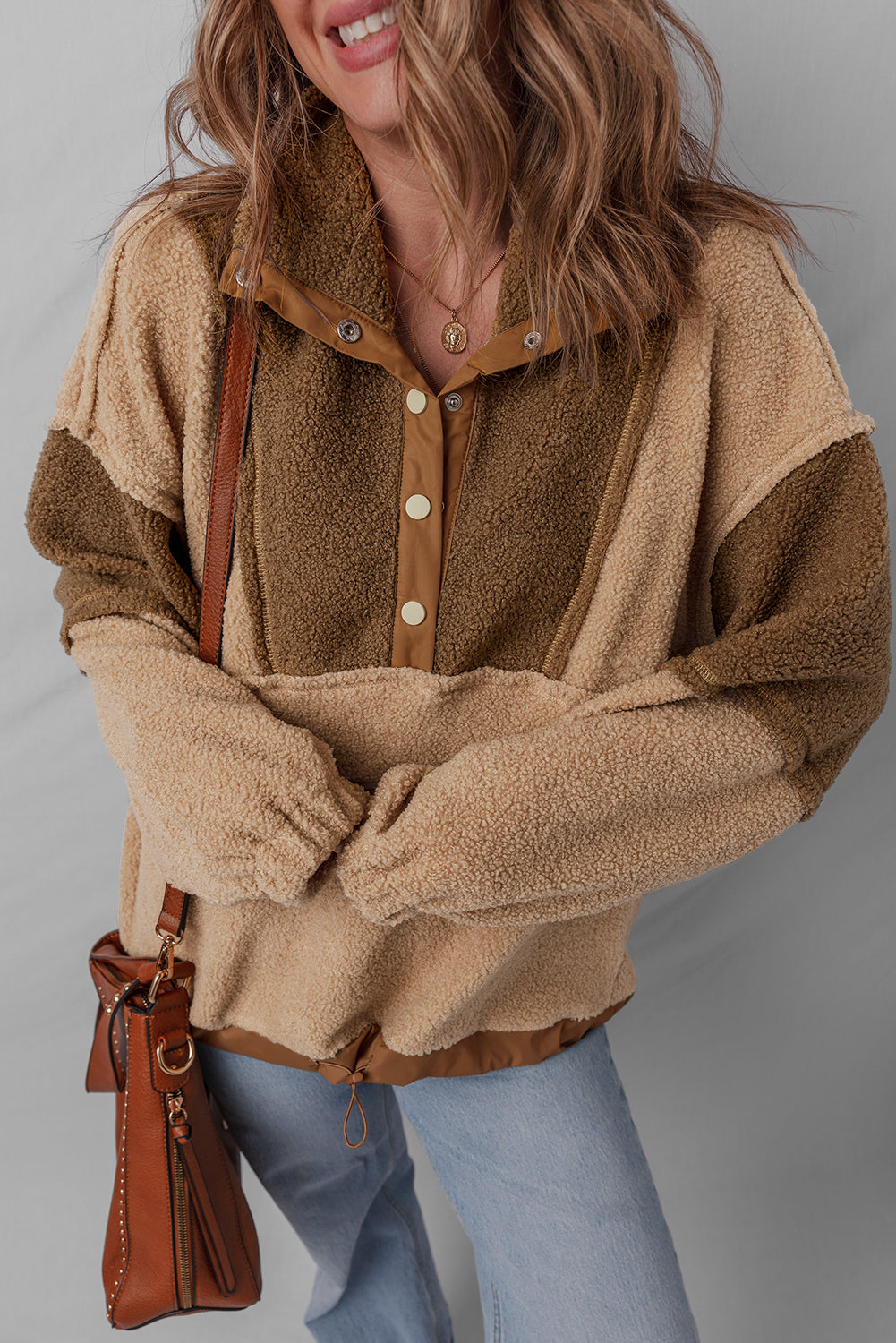 Colorblock Sherpa Patchwork Half Button Sweatshirt
