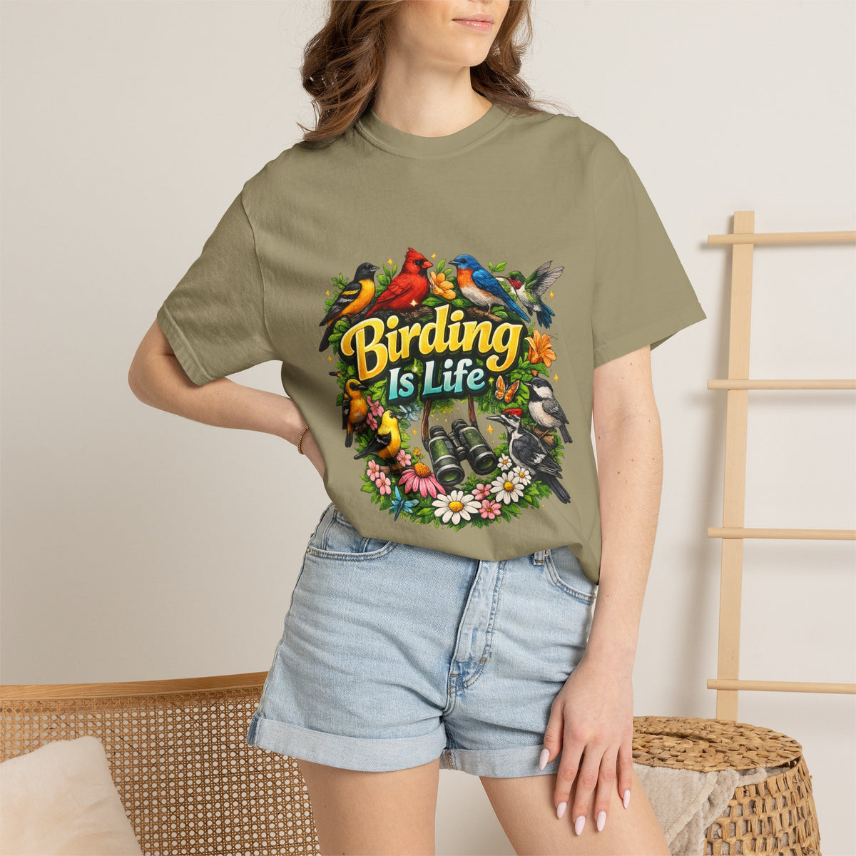 Birding Is Life T-shirt | Colorful Songbirds, Binoculars, Floral Design