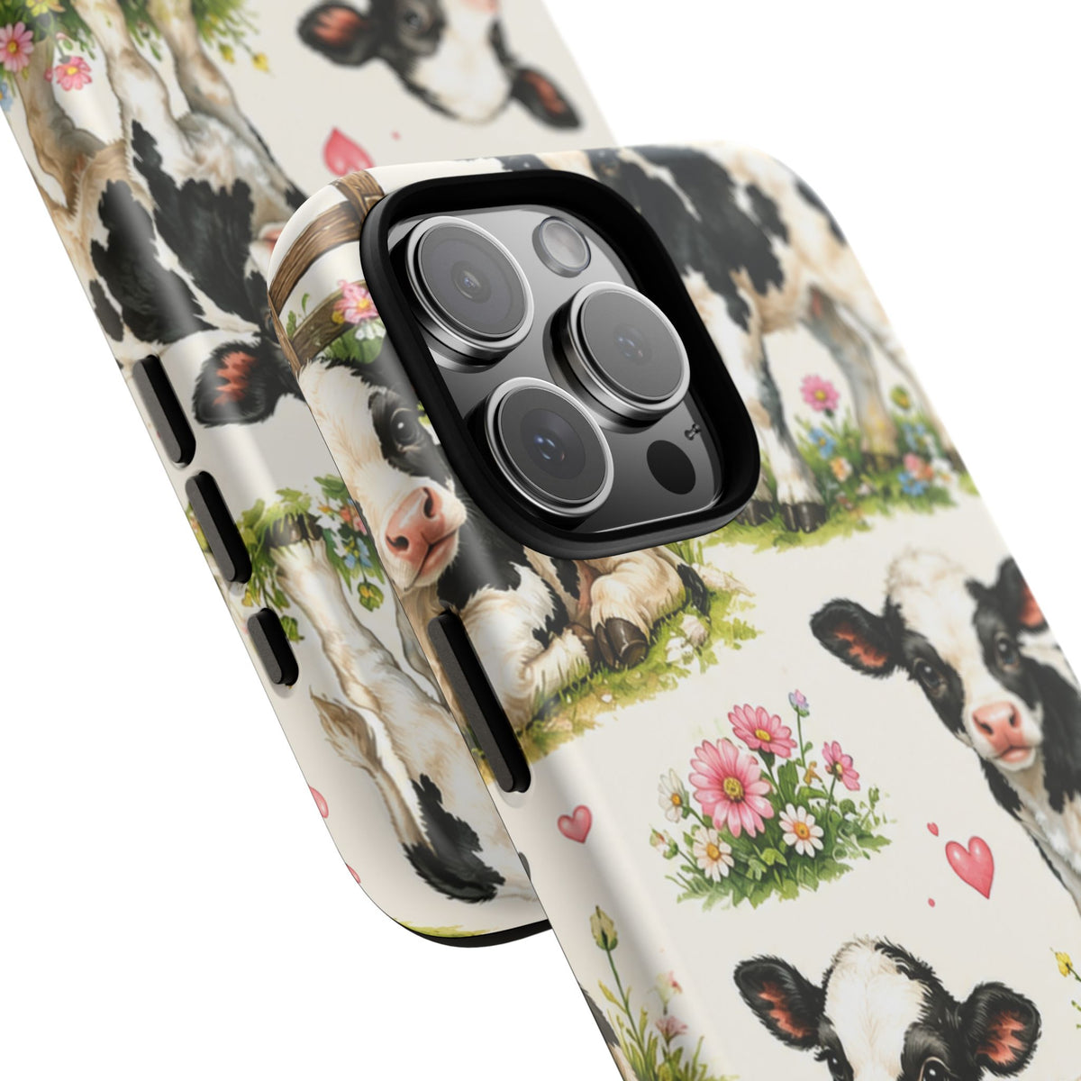 Cute Calf Pattern Phone Case – Pastel Cow Hearts & Flowers Protective Cover