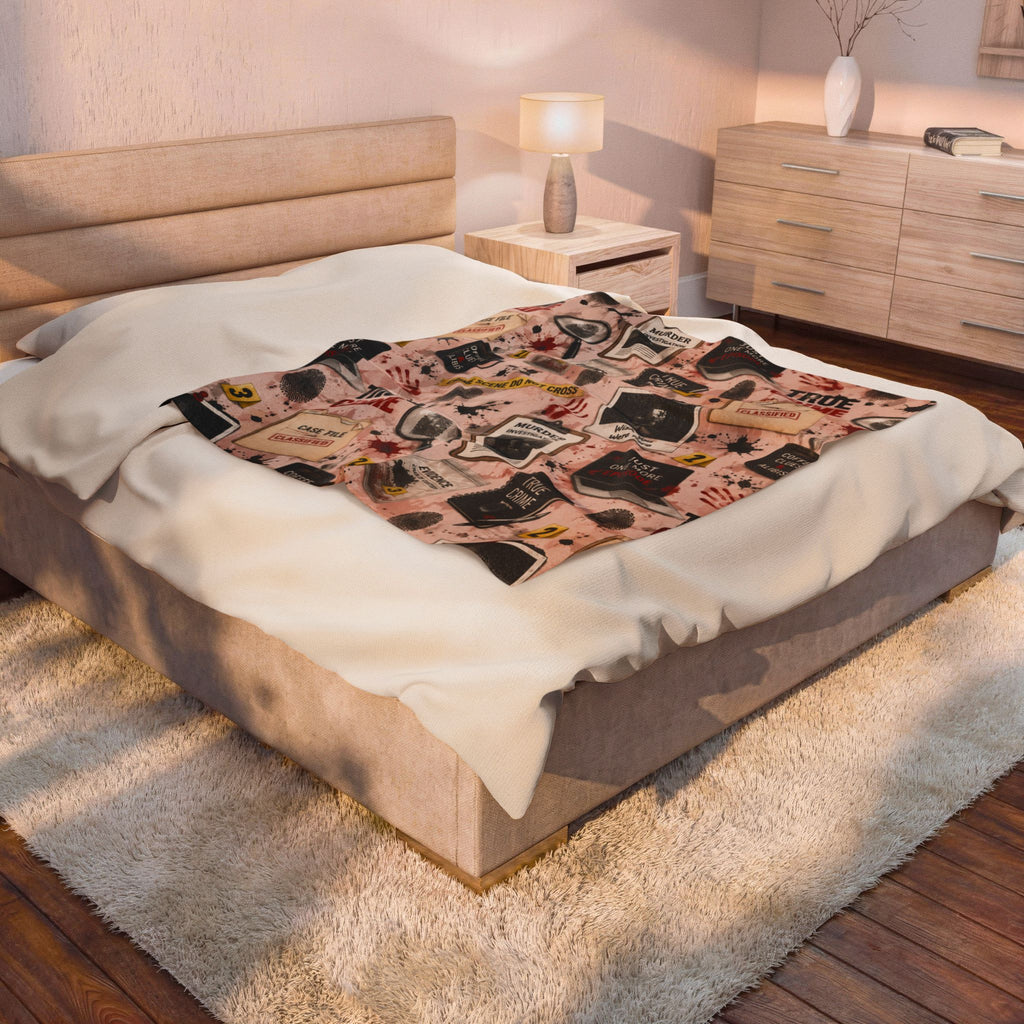 True Crime Velveteen Plush Blanket — Cozy Detective Pattern with "True Crime" Text
