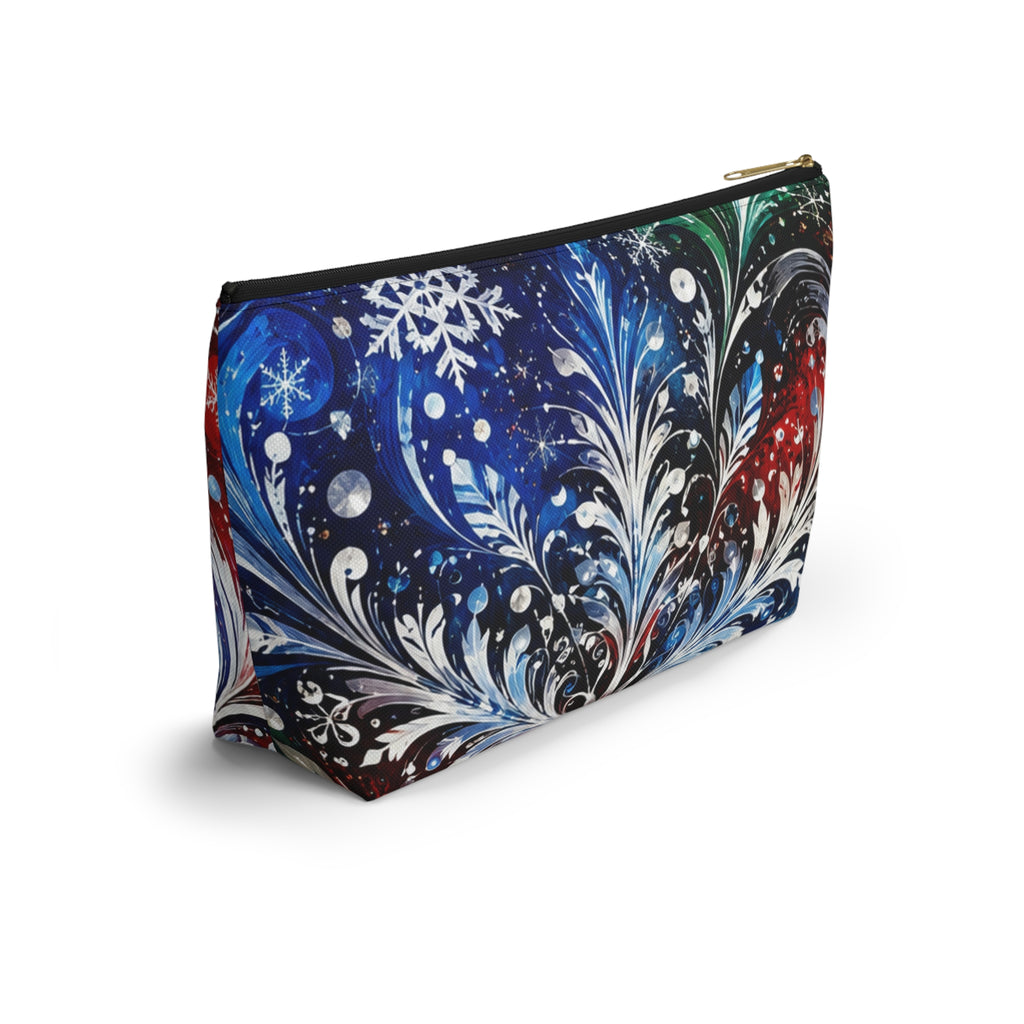 Winter Floral Accessory Pouch — Snowflake Cosmetic Bag with T-Bottom