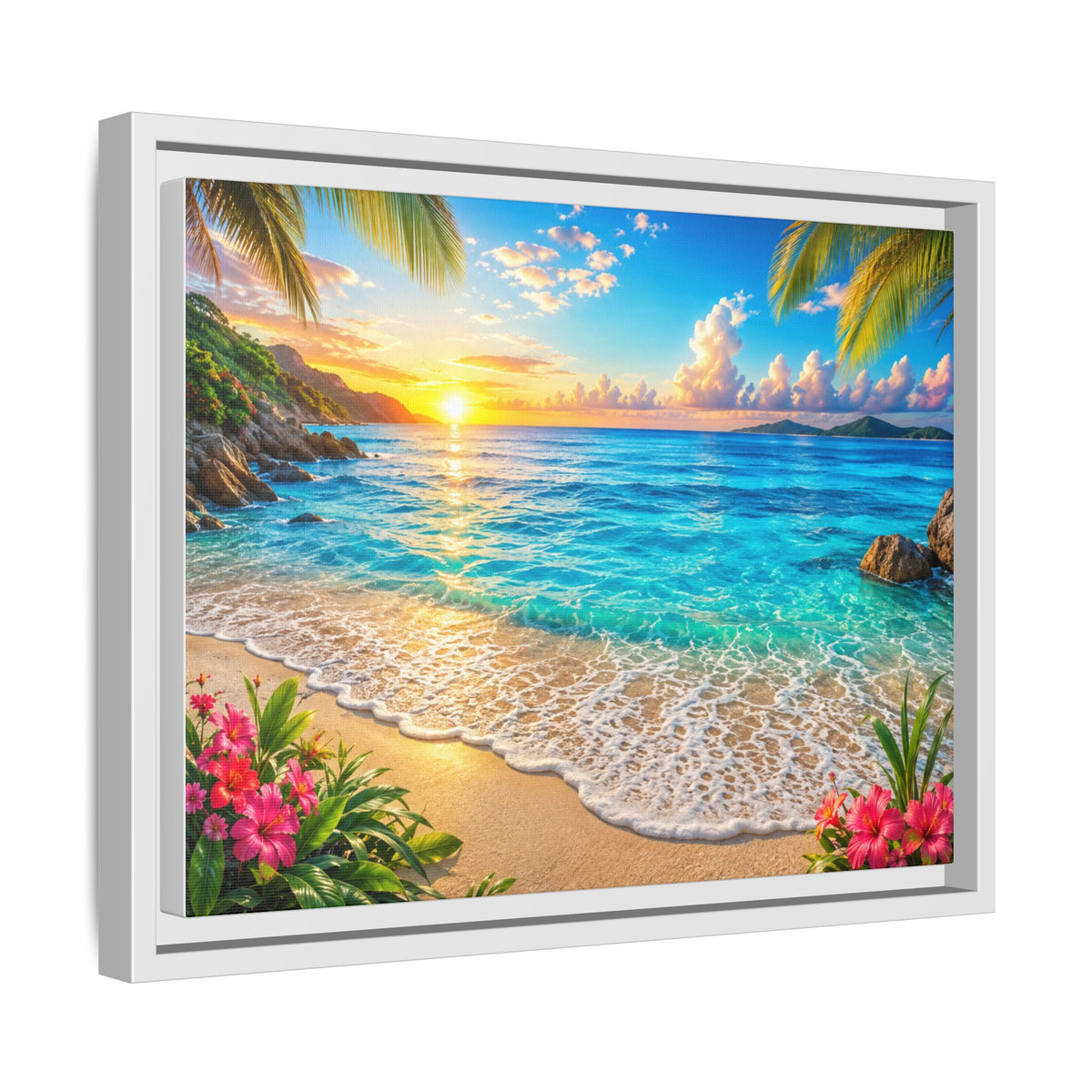 Framed Beach Sunset Matte Canvas Wall Art — Tropical Ocean Sunrise Decor