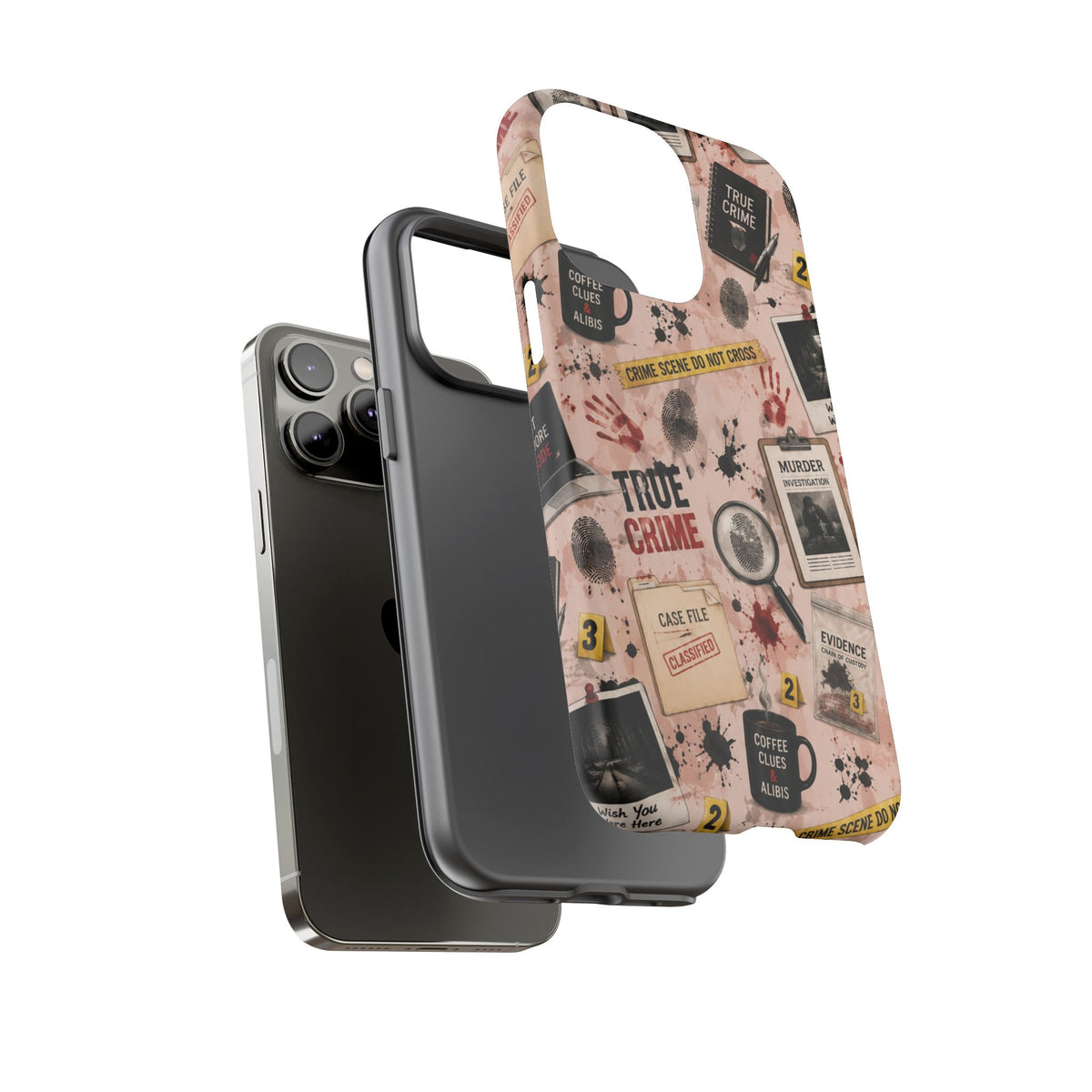 True Crime Pattern Phone Case – Detective Evidence, Crime Scene Tape & 'True Crime' Design