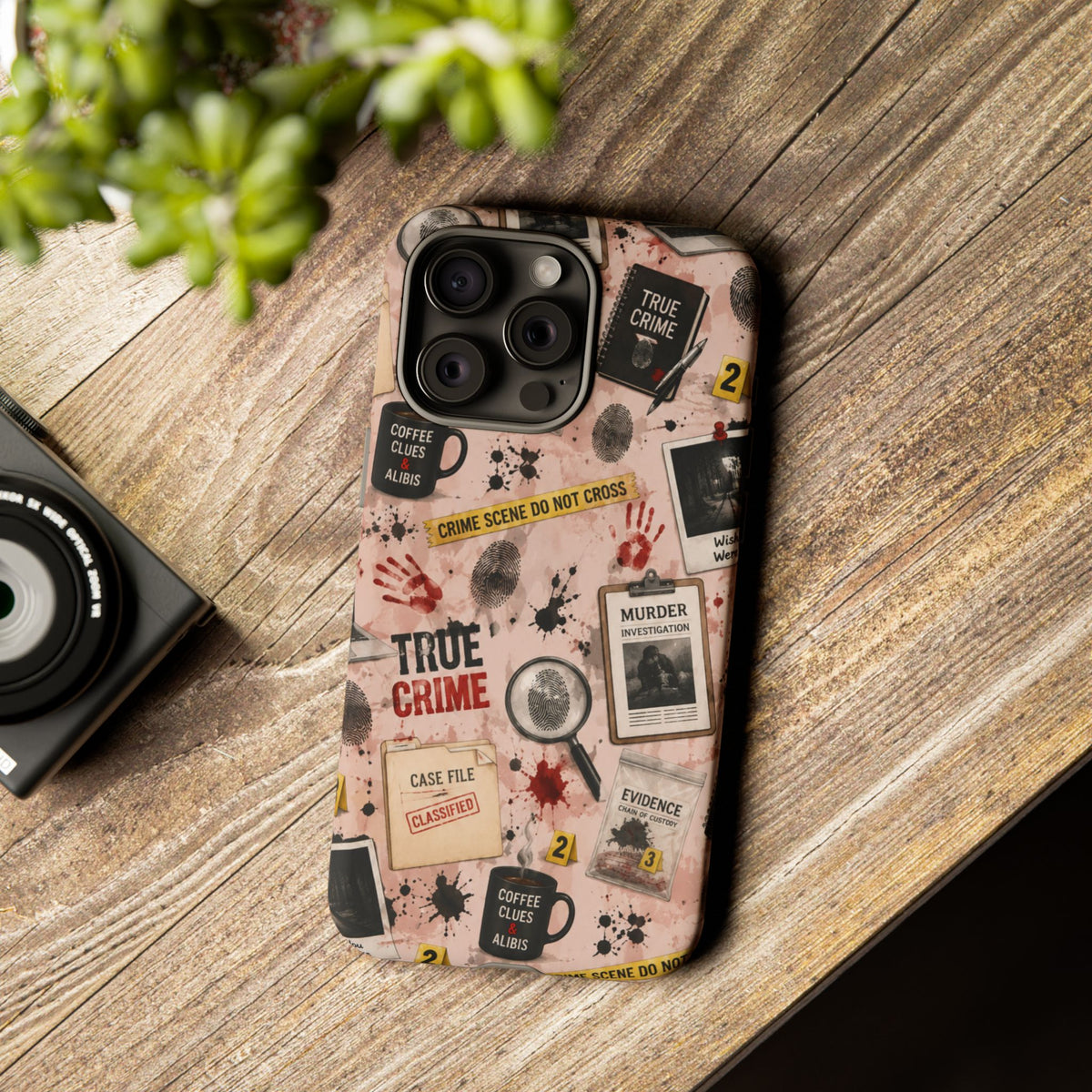 True Crime Pattern Phone Case – Detective Evidence, Crime Scene Tape & 'True Crime' Design