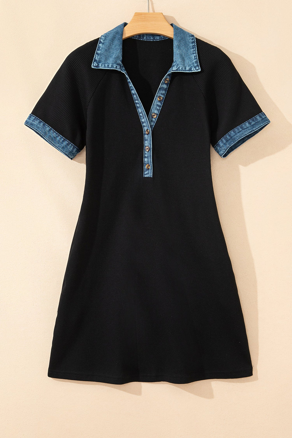 Denim Waffle Knit Contrast Trim Polo Dress