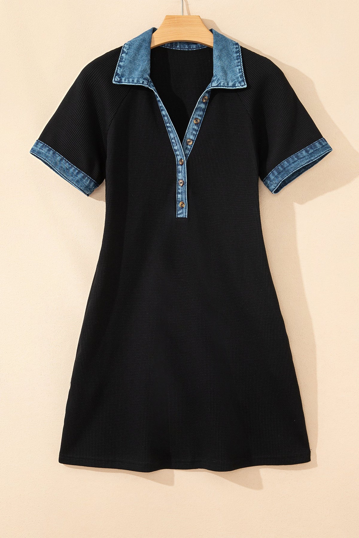 Denim Waffle Knit Contrast Trim Polo Dress