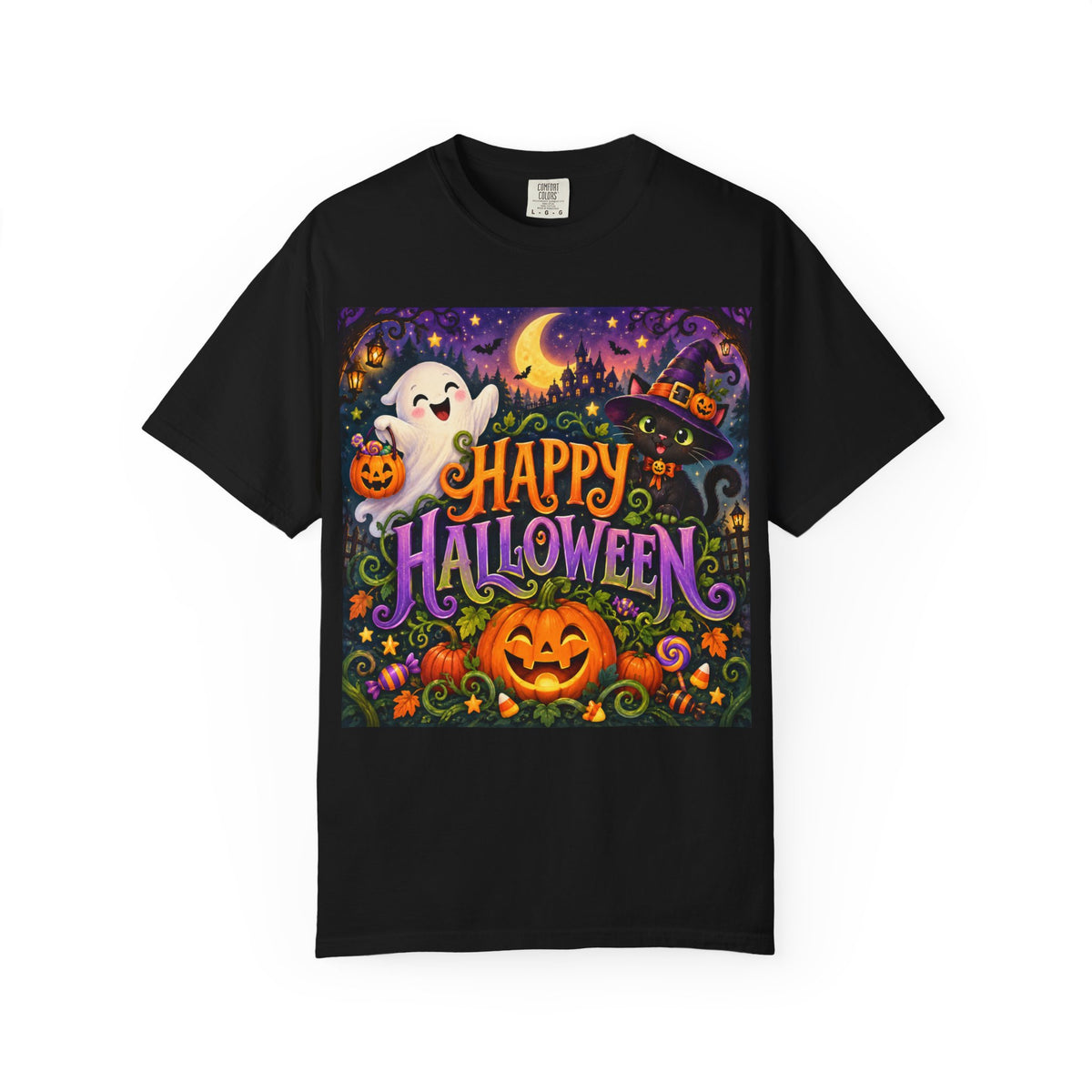 Happy Halloween Graphic T-Shirt — Cute Ghost & Jack-o'-Lantern Tee