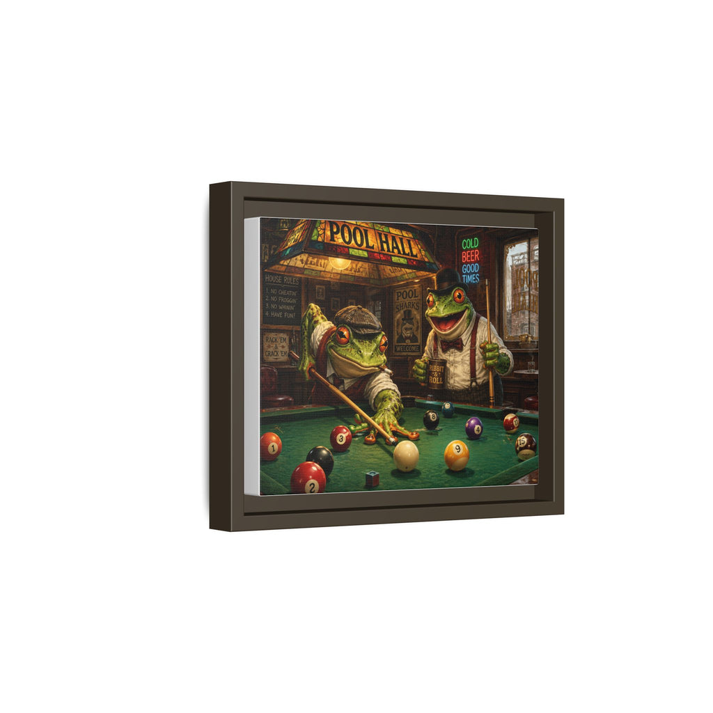 Frogs Playing Pool Matte Canvas Framed