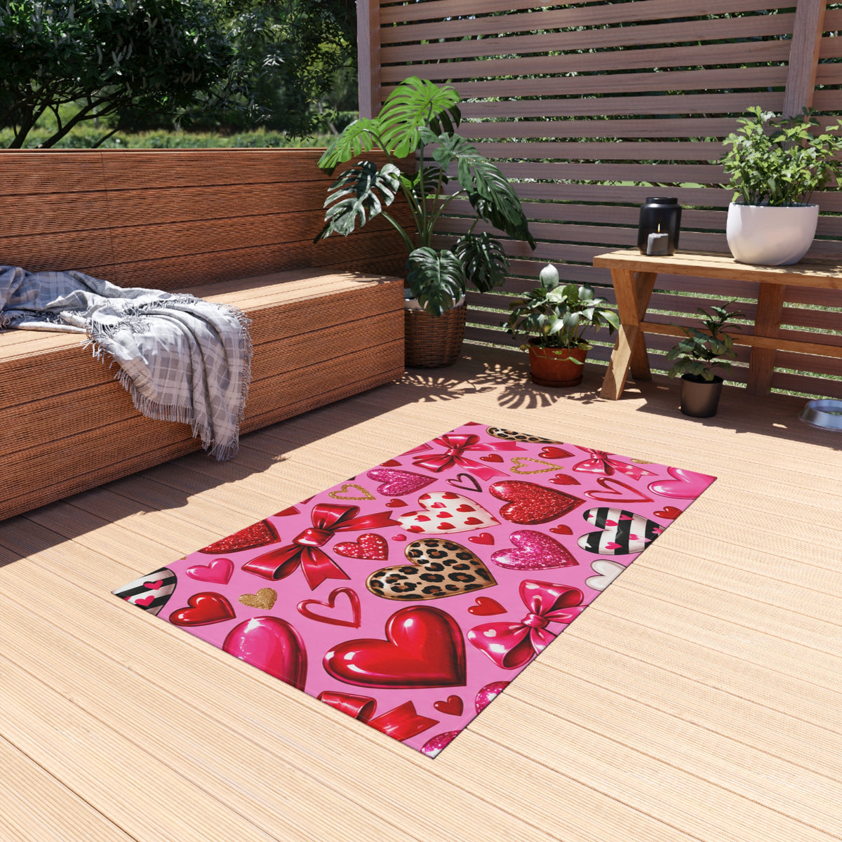 Valentine Heart Pattern Outdoor Rug - Pink Hearts & Bows Patio Mat