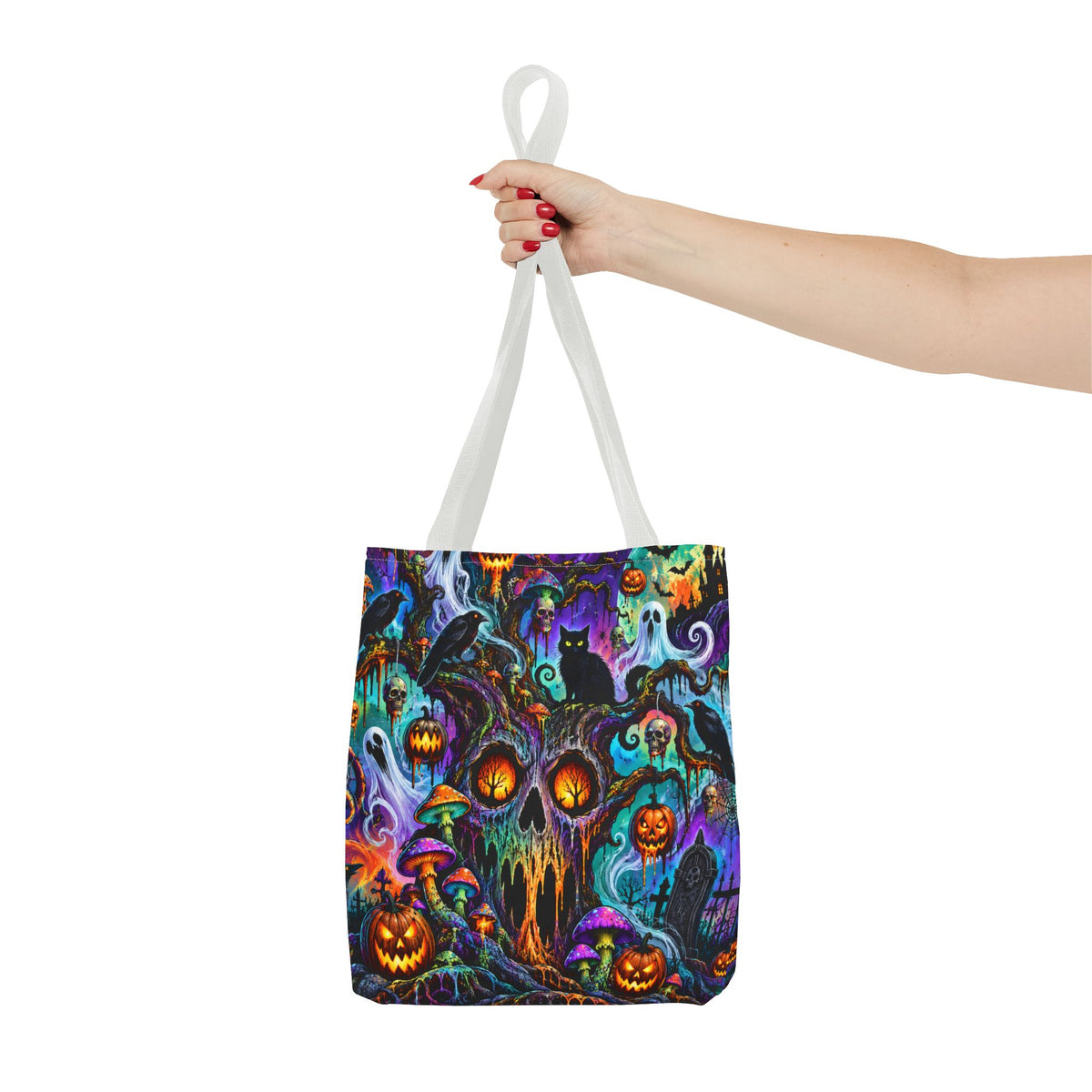 Halloween Haunted Pumpkin Tote Bag — Spooky Cat & Ghosts All-Over Print
